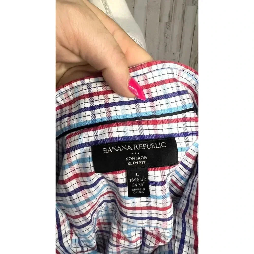 Banana Republic‎ Men's Size Large 16-16.5 Slim Fit Multicolor Plaid Dress Shirt